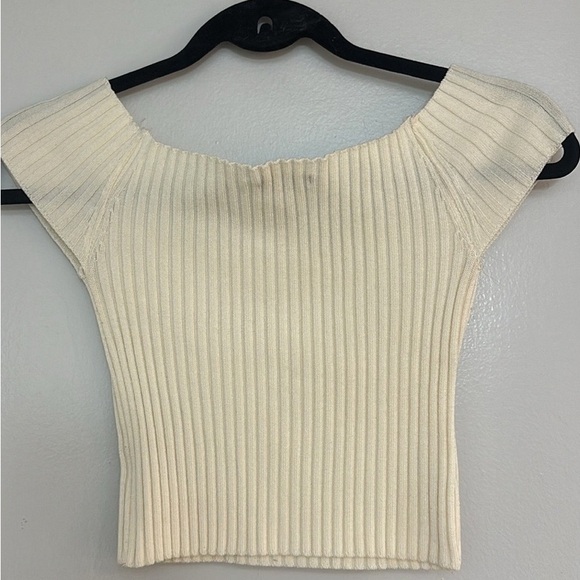 Cream Ribbed Off-Shoulder Crop Top - Picture 2 of 7